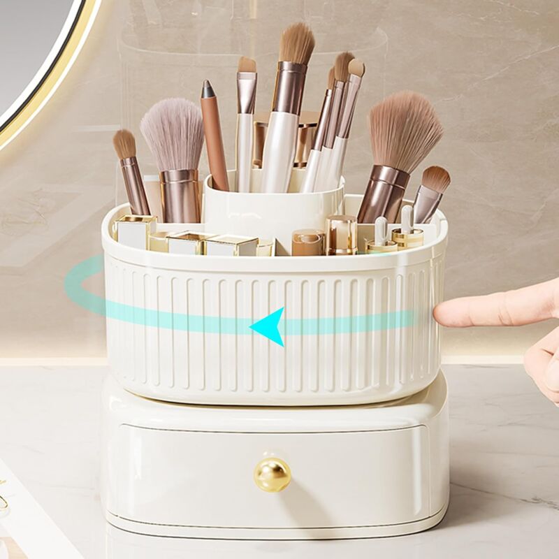 Image of Linjou - Organizzatore di cosmetici, organizzatore di pennelli rotante a 360° con cassetto, supporto per cosmetici, organizzatore per toletta,