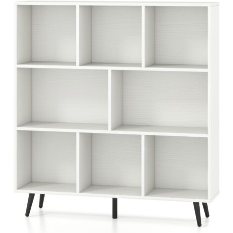 Organizzatore di stoccaggio moderno con 5 gambe di metallo affusolate, Libreria a 8 cubi studio camera da letto Bianco