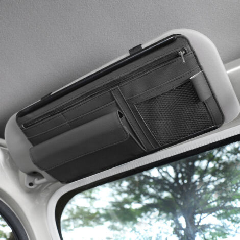 Organizzatore per aletta parasole auto, porta carte in pelle, porta penne, porta occhiali, organizer per documenti, adatto alla maggior parte di auto, SUV e camion (nero).