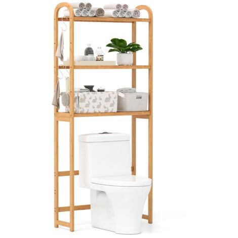 Organizzatore per bagno in bambù a 3 livelli con ripiani a 5 posizioni, Scaffale di stoccaggio sopra il WC per lavanderia Naturale