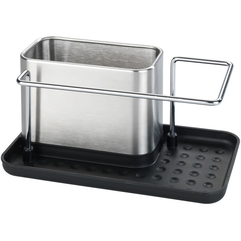 Image of Organizzatore per lavello Orio, portaoggetti da cucina per detersivo e spugna, acciaio inossidabile - plastica, 21x10,5x12 cm, lucido - nero - Wenko