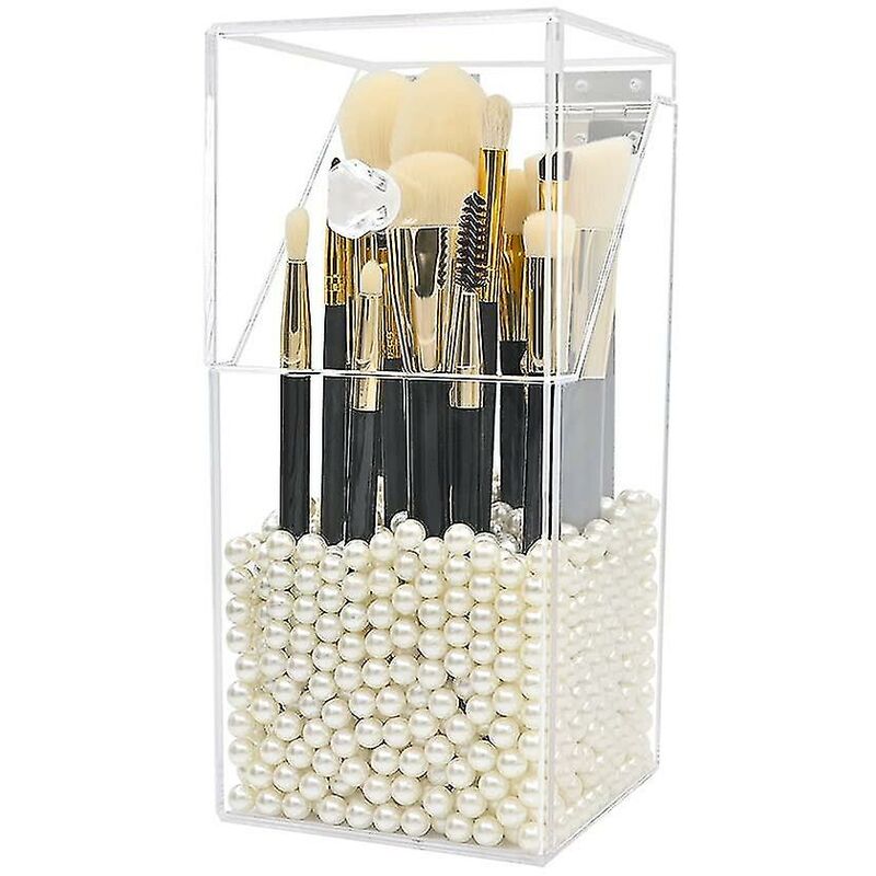 Image of Organizzatore porta pennelli da trucco, organizer in acrilico e contenitore per la polvere per vanità e bagno con perla bianca
