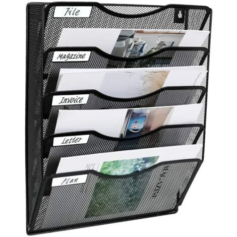Organizzatore portadocumenti da parete a 5 tasche in rete, cartella portadocumenti da scrivania, portariviste, smistatore di posta, contenitore con etichetta nominativa inclusa, nero