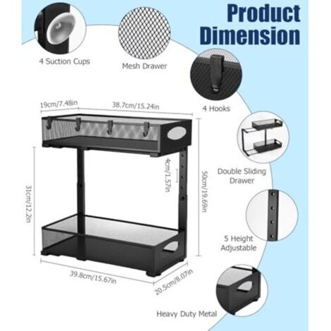 Organizzatore sottolavello in metallo, organizer sottolavello da cucina a 2 livelli scorrevoli, ripiano sottolavello regolabile in altezza per cucina, armadio, bagno, lavanderia, 1 pezzo, nero