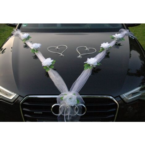 Organza M + CUORI - Decorazioni per auto, nastro in organza + cuori ornamentali, per sposi, matrimoni (bianco puro/bianco/bianco)
