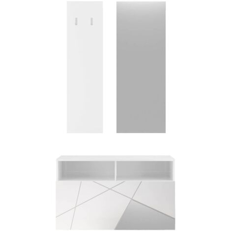 ORIANA - Meuble à chaussures + miroir + portemanteau muraux Blanc Laqué et Miroirs