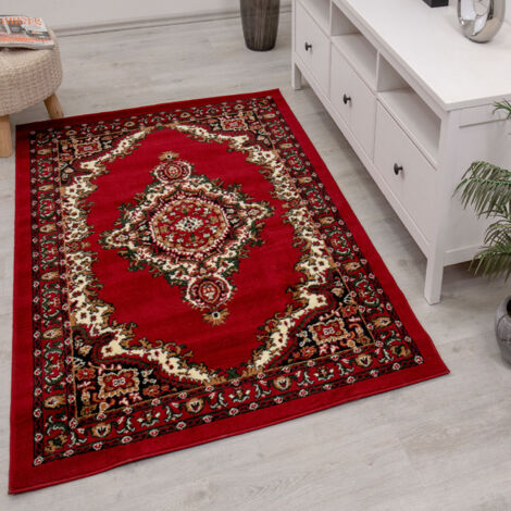 TEPPICH HOME Orient Teppich rot beige grau schwarz klassisch dicht gewebt mit Ornament und Blumenmotiven,40x60 cm, R8757