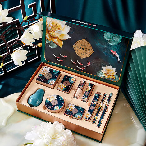 Oriental Beauty – coffret de maquillage Lotus, coffret cadeau, BB crème, rouge à lèvres, Eyeliner, stylo à sourcils, balayage, Blush, Kit d&39outils de maquillage, cosmétiques, 10 pièces