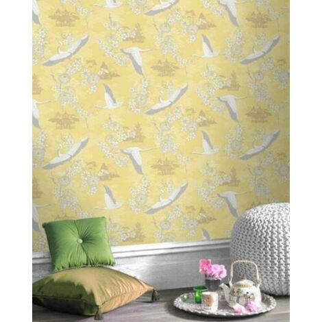 ORIENTAL YELLOW GREY WHITE BIRDS FLOWERS QUALITY FEATURE WALLPAPER RASCH