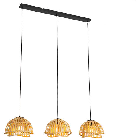QAZQA Orientalische Hängelampe schwarz mit natürlichem Bambus, 3-flammig – Pua