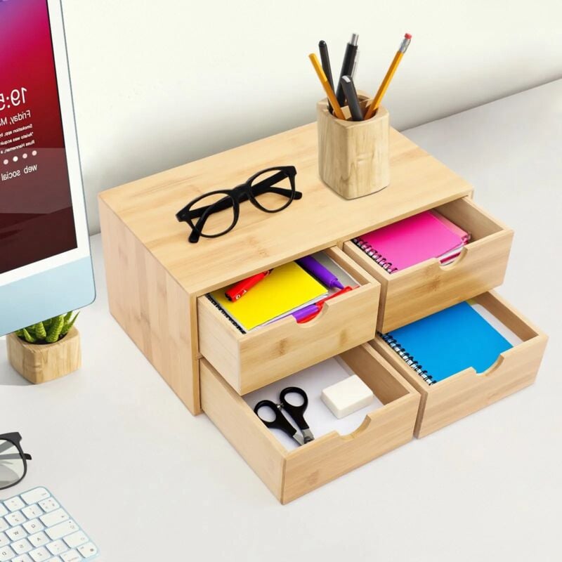 Original Bamboo Desk Organizer – Mini tiroir de bureau, boîte de rangement pour bureau, maison, articles de toilette, (4 tiroirs)