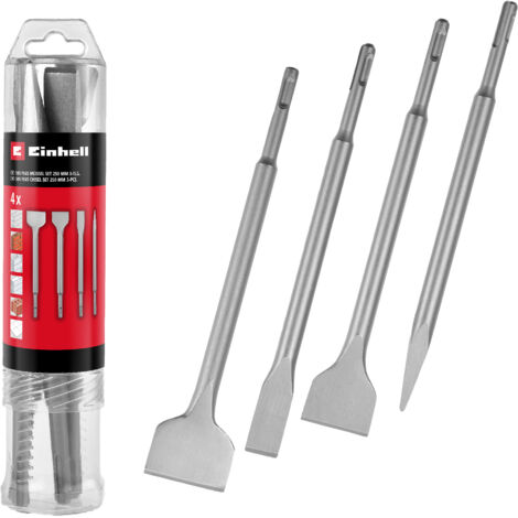 Original Einhell 4-tlg. SDS Plus Meißel-Set, 250 mm (mit Spitzmeißel, 20 mm Flachmeißel, 40 mm Spatmeißel, 50 mm Fliesenmeißel aus langlebigem 40Cr Stahl für Abbruch- und Renovierungsarbeiten)