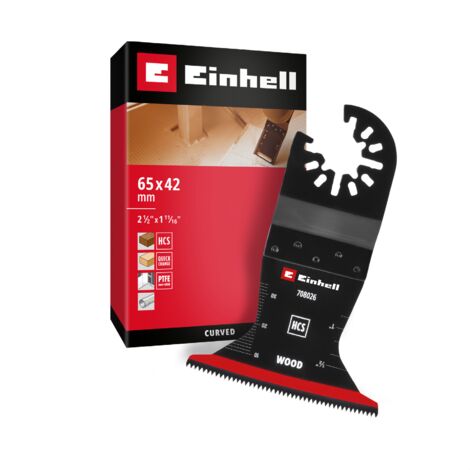 Original Einhell Tauchsägeblatt aus Kohlenstoffstahl für Holzbearbeitung (65 mm Breite, 42 mm Eintauchtiefe, PTFE-Coating, Holzverzahnung, gekrümmte Schneide, Schnellwechselfunktion)