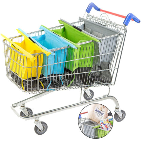 Originelle, wiederverwendbare Einkaufstaschen in Pastellfarben – 4er-Set, passend für klassische Supermarkt-Einkaufswagen.