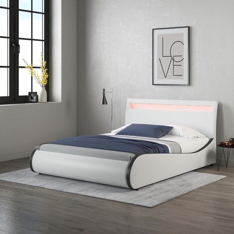 ORION LED LIGHTS HEADBOARD FAUX LEATHER DOUBLE BED FRAME White with Black