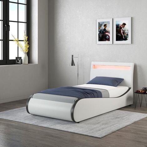 SLUMBERWORX ORION LED LIGHTS HEADBOARD FAUX LEATHER SINGLE BED FRAME White with Black