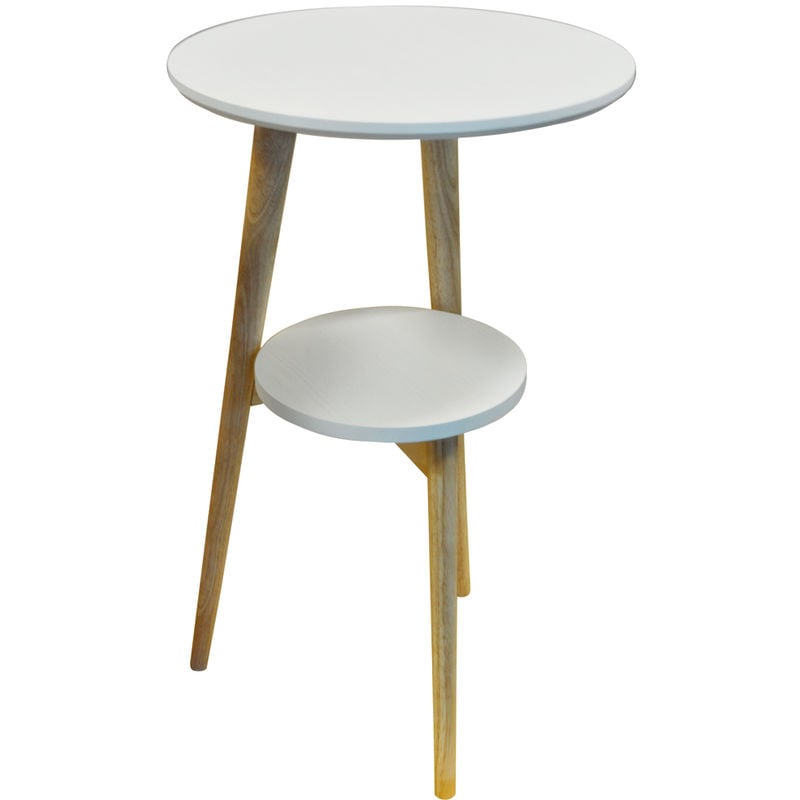 Watsons - ORION - Retro Solid Wood Tripod Leg Round Table with Shelf - Natural / White