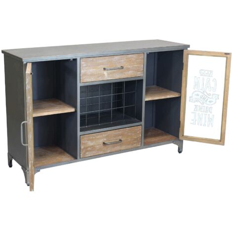 ORLY - madia industrial in acciaio e legno con portabottiglie