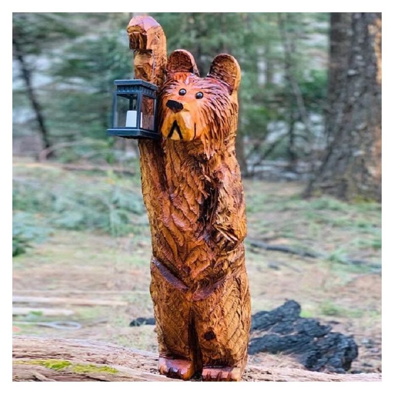 Merkmak - Ornement de decoration de statue d'ours sculpte en cedre avec lanterne solaire Resine Jardin Marron Maison Sculpture artisanale portable
