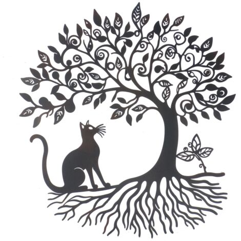 Ornement mural d'arbre avec figurine décorative en métal de chat