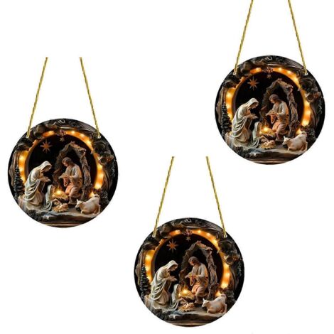 Ornement rond en bois en relief 2D représentant une scène de Noël avec Jésus