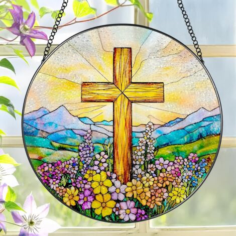Ornement suspendu vitrail chrétien – Décoration lumineuse 30 cm