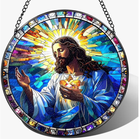 Ornement vitrail religieux 15 cm – Suspension intérieure