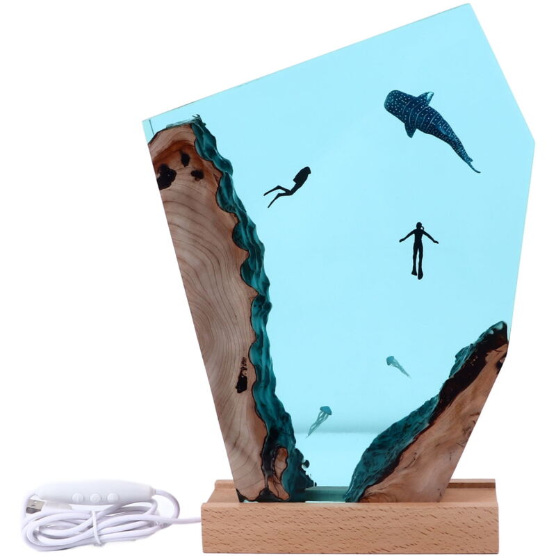 Ornements d'art de bureau en résine époxy faits à la main, lampe de nuit de plongeur océanique, baleine, grotte, requin baleine, ornement en résine,