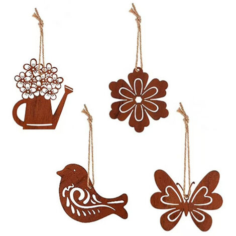 Ornements de jardin suspendus 【4 silhouettes métalliques rustiques : oiseau, fleur A, fleur B et arrosoir】