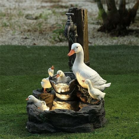 Ornements extérieurs,, Décoration de Jardin en résine, Sculpture animalière, Décor de Fontaine de Patio, Statue de Bain de la Famille des Canards (Lumière Solaire)