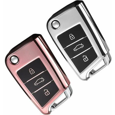 (Oro rosa+plata) Funda para llave de coche de 2 piezas Compatible con VW Golf 7 Funda para llave de coche de TPU Carcasa con 3 botones Accesorio para coche