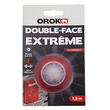 OROK - RUBAN ADHÉSIF DOUBLE FACE, BRICOLAGE - RUBAN ADHÉSIF DOUBLE FACE EXTÉRIEUR EXTRA FORT 1,5M X 19MM - RUBAN ADHÉSIF DOUBLE
