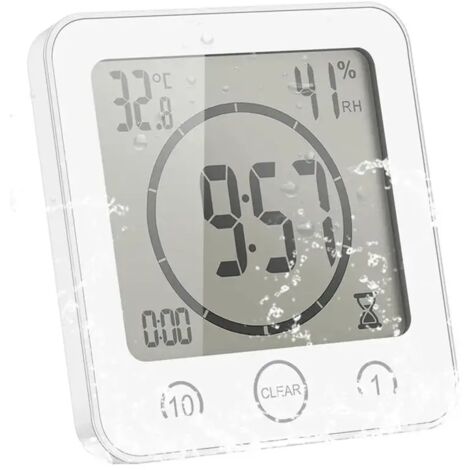 Orologio da bagno bianco e impermeabile con display della temperatura e ventosa.