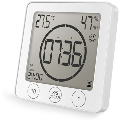 Orologio da doccia per bagno, impermeabile, con controllo touch, allarme digitale LCD, termometro igrometro, timer per il conto alla rovescia, alimentato a batteria, per la cucina (bianco)