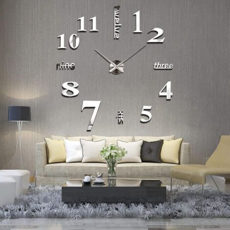 Orologio da Parete 3D Adesivi Murali per Casa Ufficio Hotel Ristorante Fai da Te Argento (Batteria Non Inclusa)