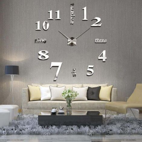 Orologio da Parete 3D Adesivi Murali per Casa Ufficio Hotel Ristorante Fai da Te Argento (Batteria Non Inclusa)