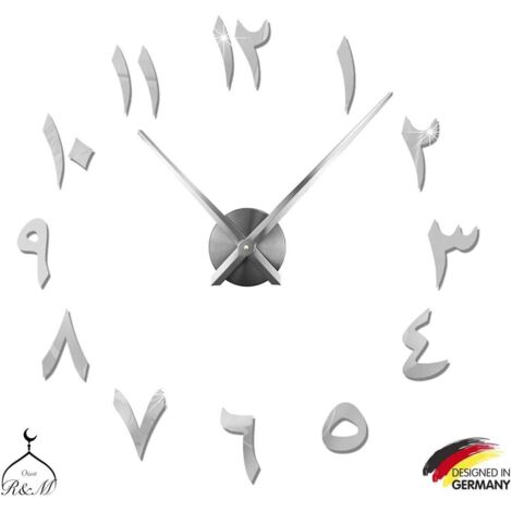 Orologio da parete 3D arabo fai da te muto - Regalo di arredamento per la casa - Soggiorno, ufficio, casa - Garanzia di 2 anni (argento)
