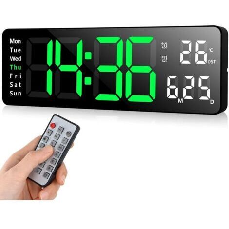 Orologio da parete digitale a LED con telecomando, timer per conto alla rovescia positivo, luminosità regolabile, orologi da parete per soggiorno, cucina (13 pollici, verde)