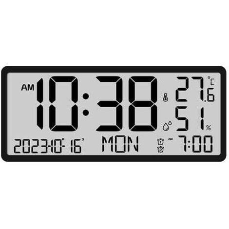 Orologio da parete digitale nero con visualizzazione di ora, data, temperatura interna e umidità.