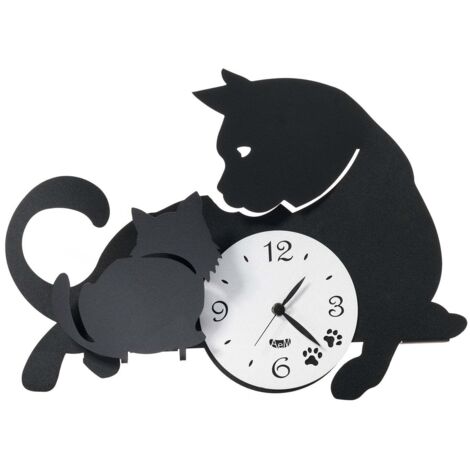 Orologio da parete Mamma Gatta 38x27 cm in ferro nero - Design con gatta e cuccioli - Meccanismo silenzioso a batteria - Made in Italy