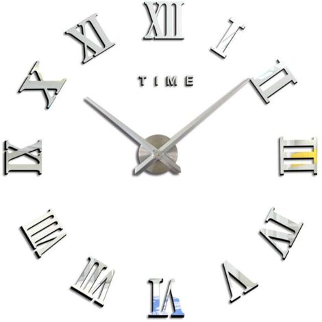 Orologio da parete moderno fai da te con numeri romani, adesivi 3D, orologio da parete, decorazione per casa e ufficio, rimovibile (batteria non inclusa), argento, 70-120 cm
