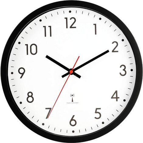 Orologio da parete radiocontrollato - 30 cm - Con cambio automatico dell'ora - Plastica - Per soggiorno, casa, ufficio, scuola - Nero