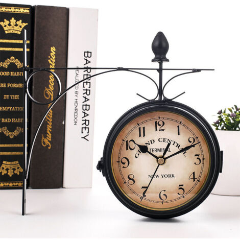 Orologio da parete vintage a doppia faccia in ferro, orologio a pendolo in stile stazione vintage con supporto per uso interno ed esterno, nero