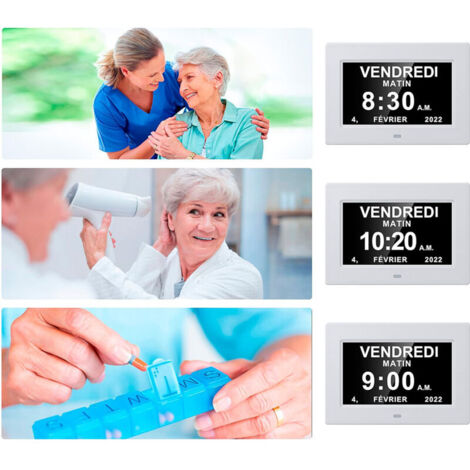 Orologio digitale a LED da 7 pollici con calendario, visualizzazione di data, giorno e ora, orologio non abbreviato, oscuramento automatico, 8 lingue, display HD, promemoria per persone affette da Alz