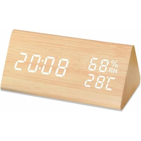 Orologio digitale con display LED effetto legno, visualizza ora, data, temperatura e umidità. Ideale per casa, camera da letto e ufficio.