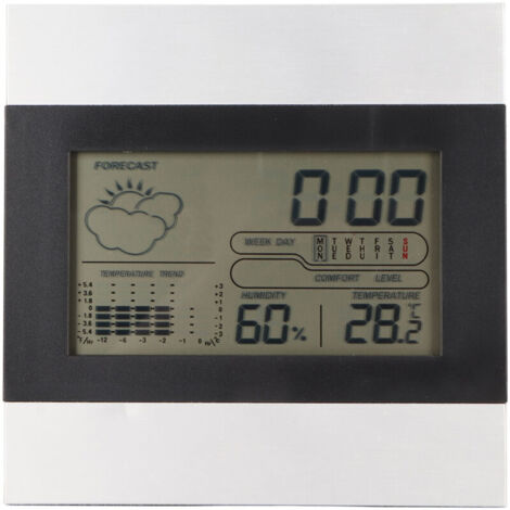 Orologio digitale meteo con visualizzazione di temperatura e umidità. Sveglia con cassa in alluminio, ideale per ufficio. Montabile a parete.