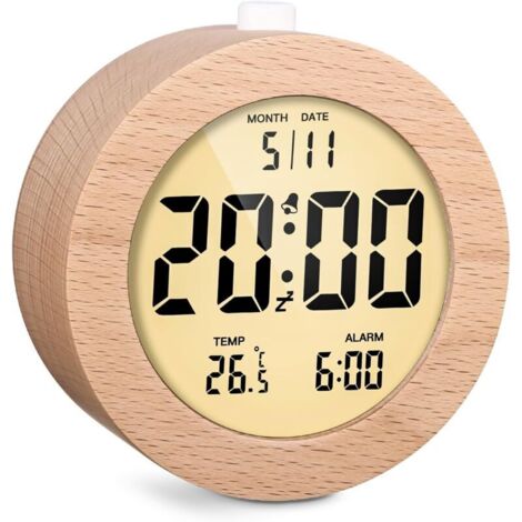 Orologio digitale rotondo LCD in legno con data, temperatura, retroilluminazione, snooze e sveglia