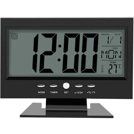 Orologio elettronico, sveglia digitale LCD con sensore sonoro, calendario e visualizzazione della temperatura (nero)