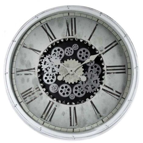 OROLOGIO MAXI DA PARETE SOTTO VETRO CON INGRANAGGI IN MOVIMENTO 76X76X5 CM BIANCO CORNICE IN PLASTICA
