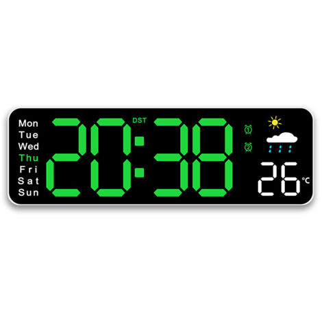 Orologio meteo multifunzionale per soggiorno, sveglia, display della temperatura, complemento d'arredo - Cassa bianca con luce verde